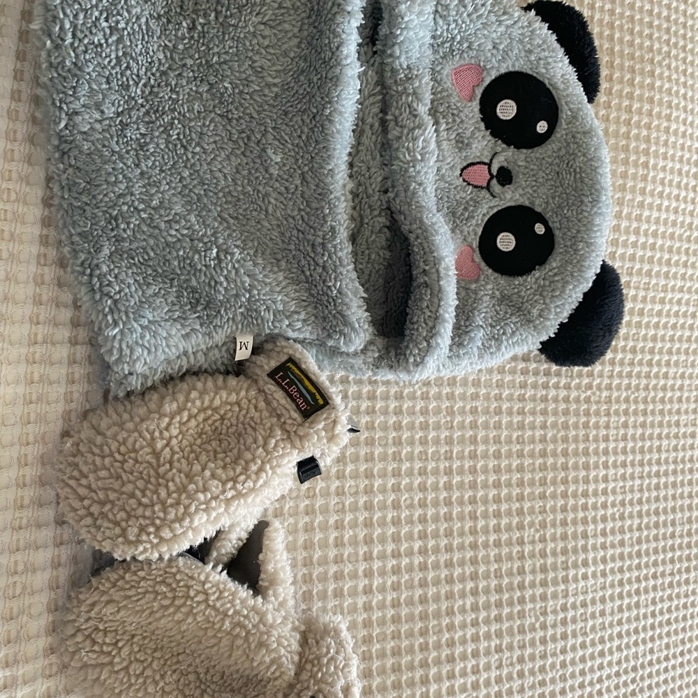 Kids Panda Hooded Scarf and LL Bean Mittens Set - Gray and Cream